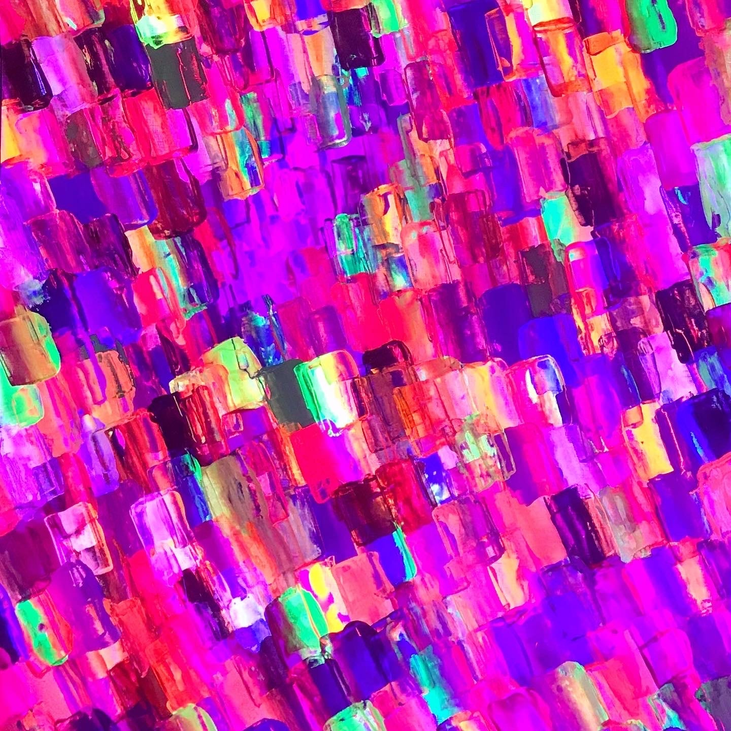 Metallic and fluorescent acrylics painting with overlapping pebbles, under UV light